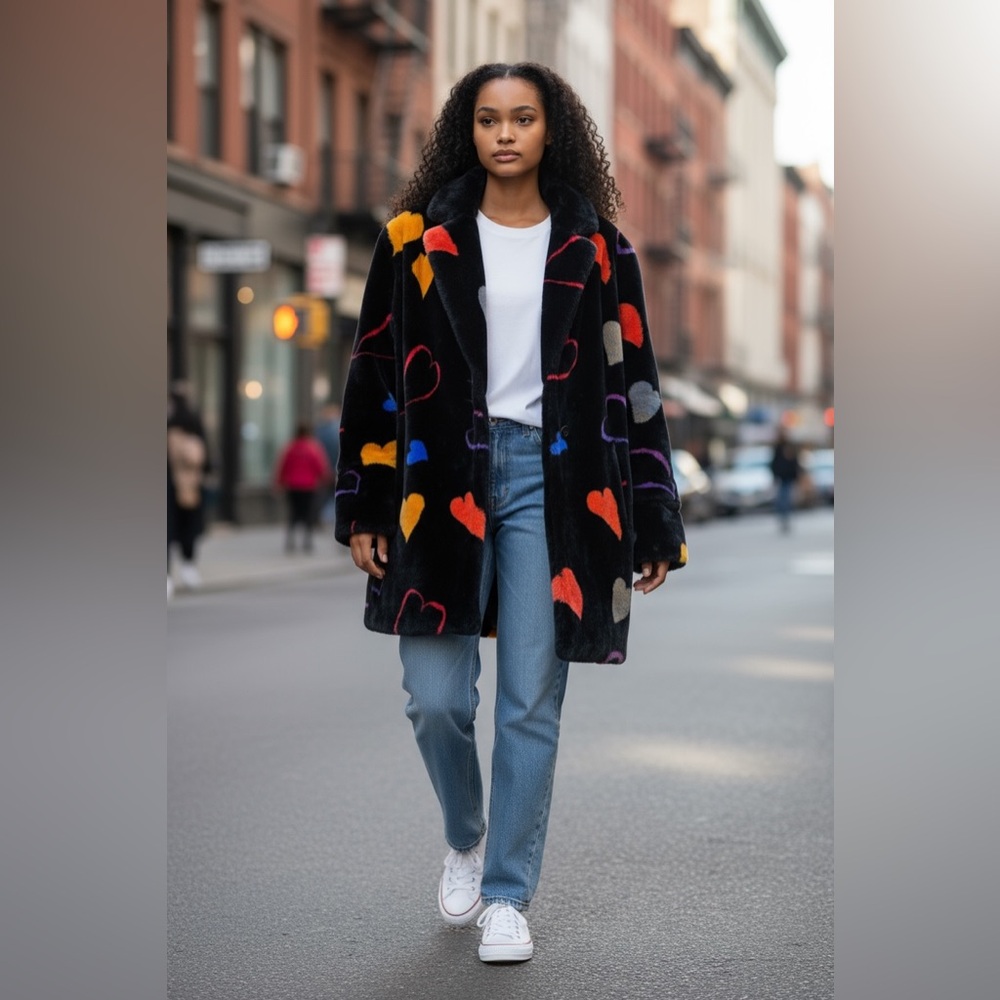 Colorful Heart Patterned Women's Coat